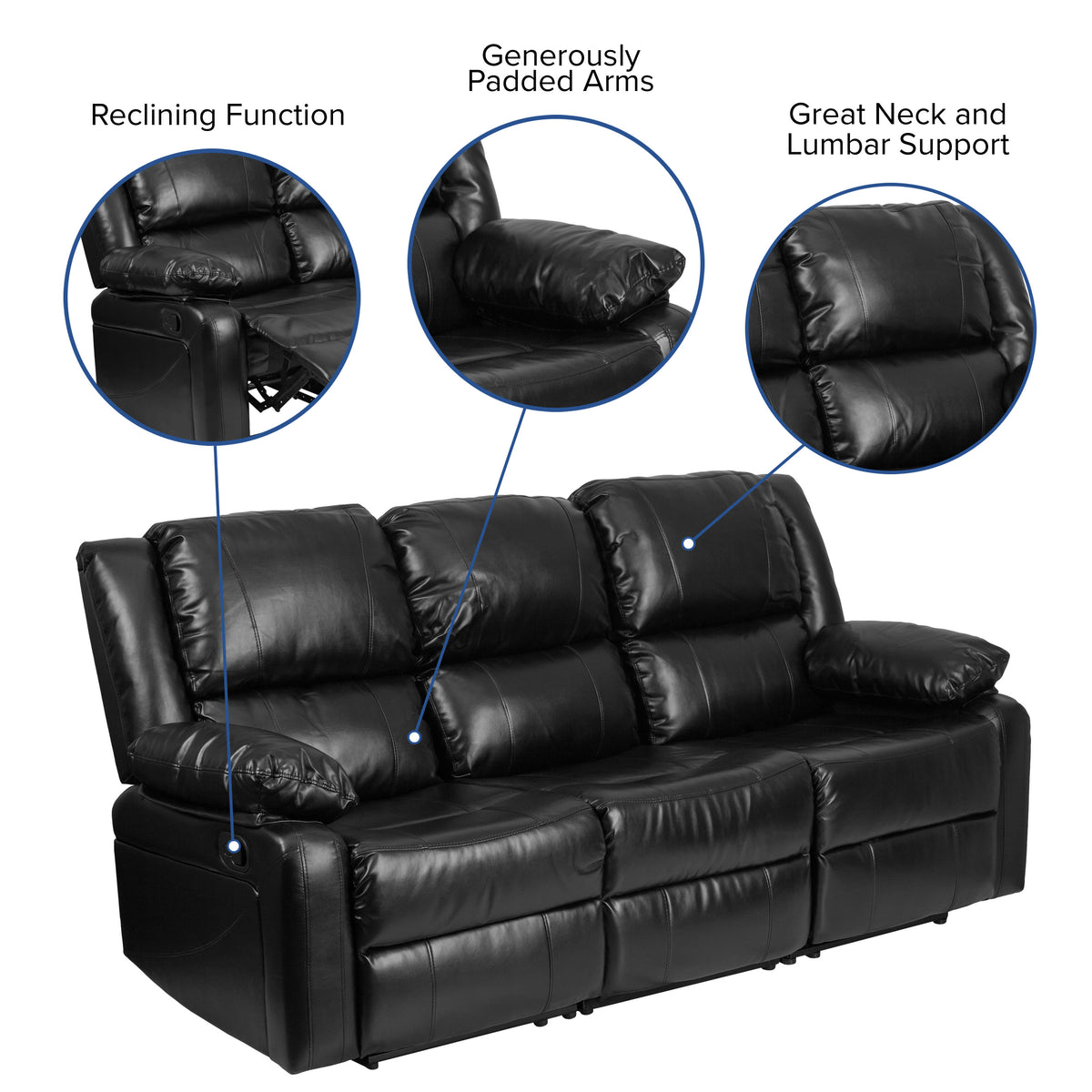 Black LeatherSoft |#| Contemporary Black LeatherSoft Pillow Back Sofa with Two Built-In Recliners