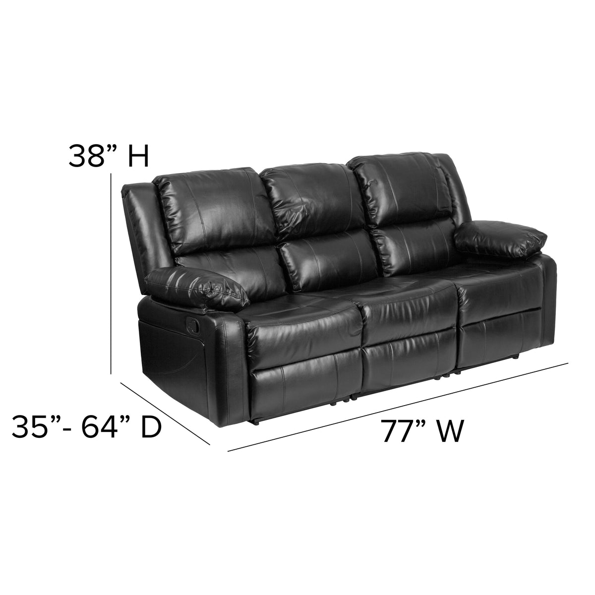 Black LeatherSoft |#| Contemporary Black LeatherSoft Pillow Back Sofa with Two Built-In Recliners