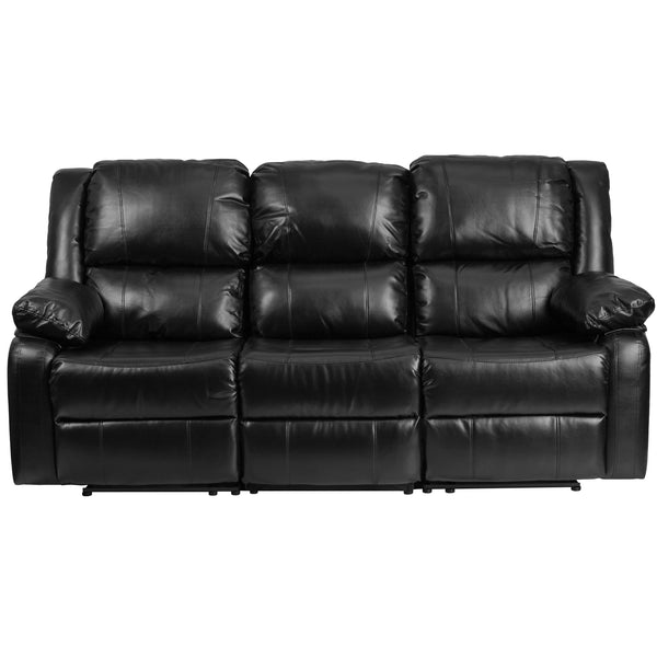 Black LeatherSoft |#| Contemporary Black LeatherSoft Pillow Back Sofa with Two Built-In Recliners