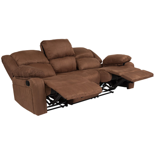 Brown LeatherSoft |#| Contemporary Brown LeatherSoft Plush Pillow Back Sofa w/Two Built-In Recliners