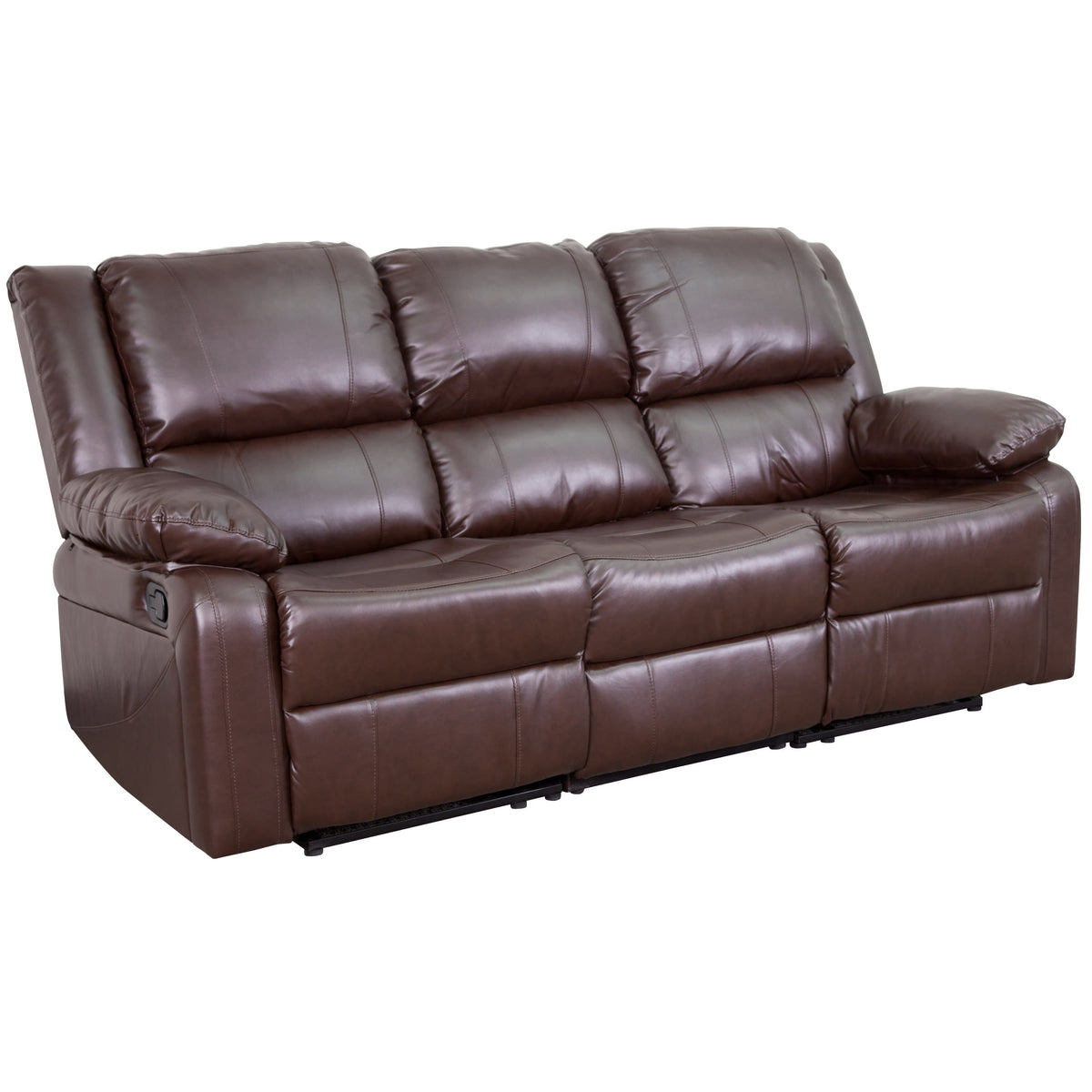 Brown LeatherSoft |#| Contemporary Brown LeatherSoft Plush Pillow Back Sofa w/Two Built-In Recliners