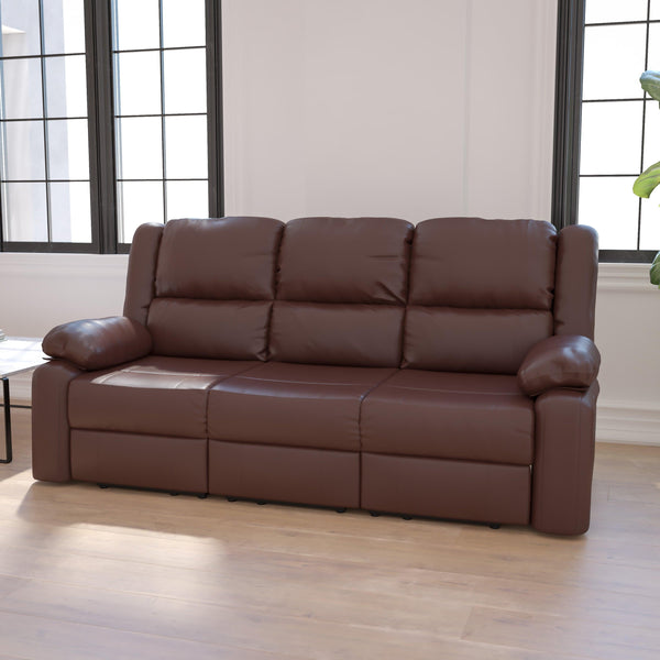 Brown LeatherSoft |#| Contemporary Brown LeatherSoft Plush Pillow Back Sofa w/Two Built-In Recliners