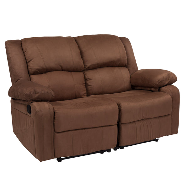 Chocolate Brown Microfiber |#| Chocolate Brown Microfiber Pillow Back Loveseat with Two Built-In Recliners