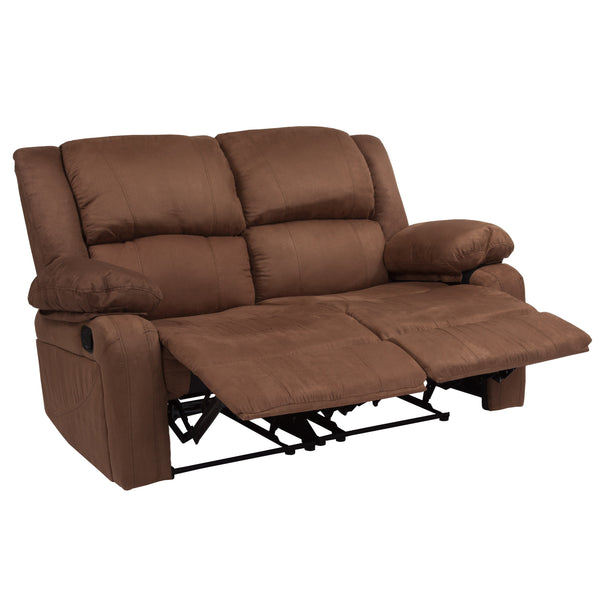 Chocolate Brown Microfiber |#| Chocolate Brown Microfiber Pillow Back Loveseat with Two Built-In Recliners