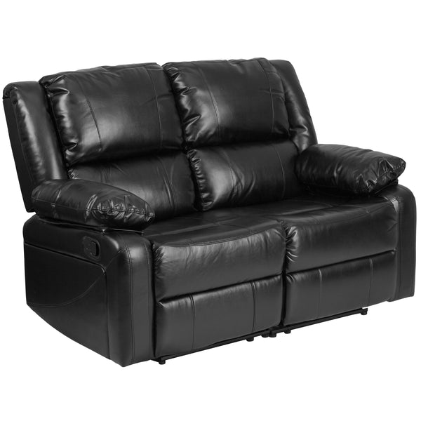Black LeatherSoft |#| Contemporary Black LeatherSoft Loveseat w/Two Built-In Recliners - Padded Arms