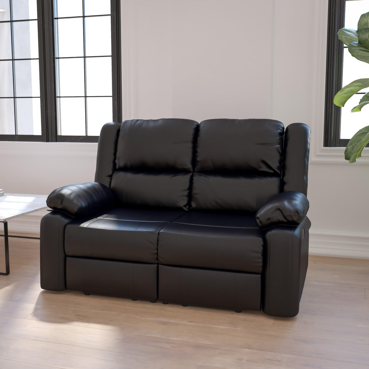 Black LeatherSoft |#| Contemporary Black LeatherSoft Loveseat w/Two Built-In Recliners - Padded Arms
