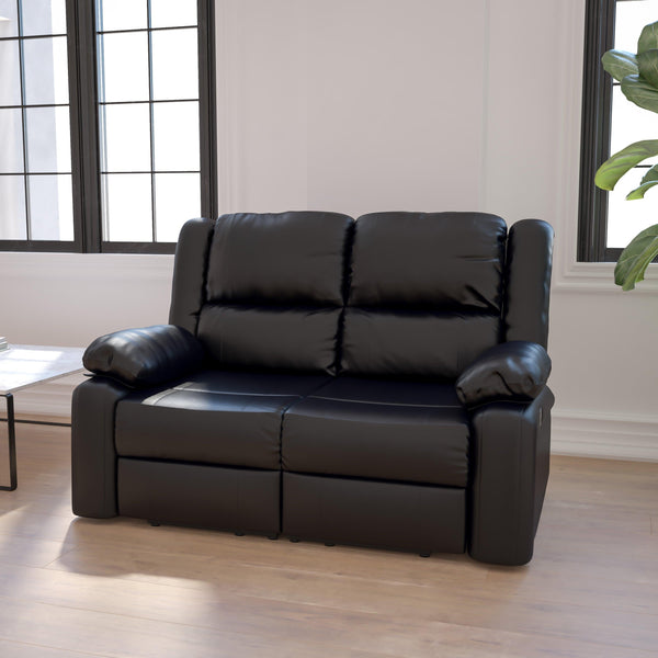 Black LeatherSoft |#| Contemporary Black LeatherSoft Loveseat w/Two Built-In Recliners - Padded Arms