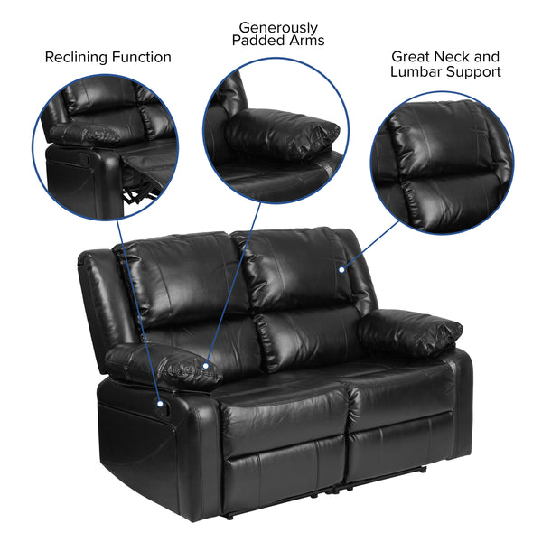 Black LeatherSoft |#| Contemporary Black LeatherSoft Loveseat w/Two Built-In Recliners - Padded Arms