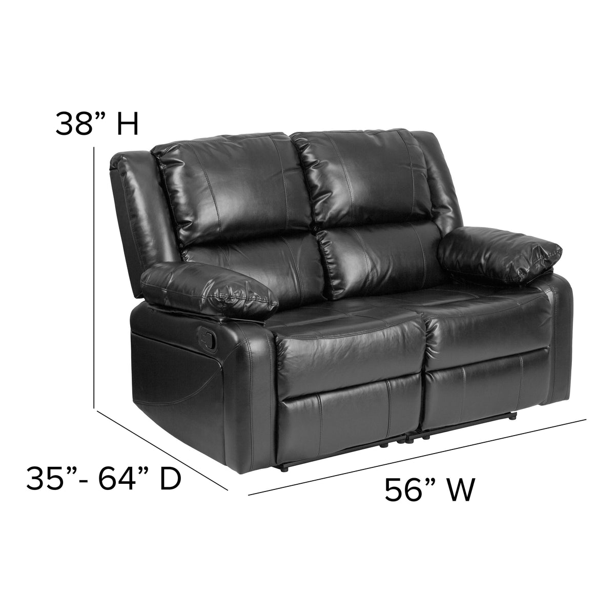 Black LeatherSoft |#| Contemporary Black LeatherSoft Loveseat w/Two Built-In Recliners - Padded Arms