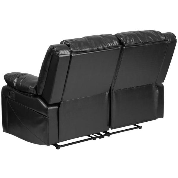 Black LeatherSoft |#| Contemporary Black LeatherSoft Loveseat w/Two Built-In Recliners - Padded Arms