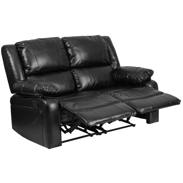 Black LeatherSoft |#| Contemporary Black LeatherSoft Loveseat w/Two Built-In Recliners - Padded Arms