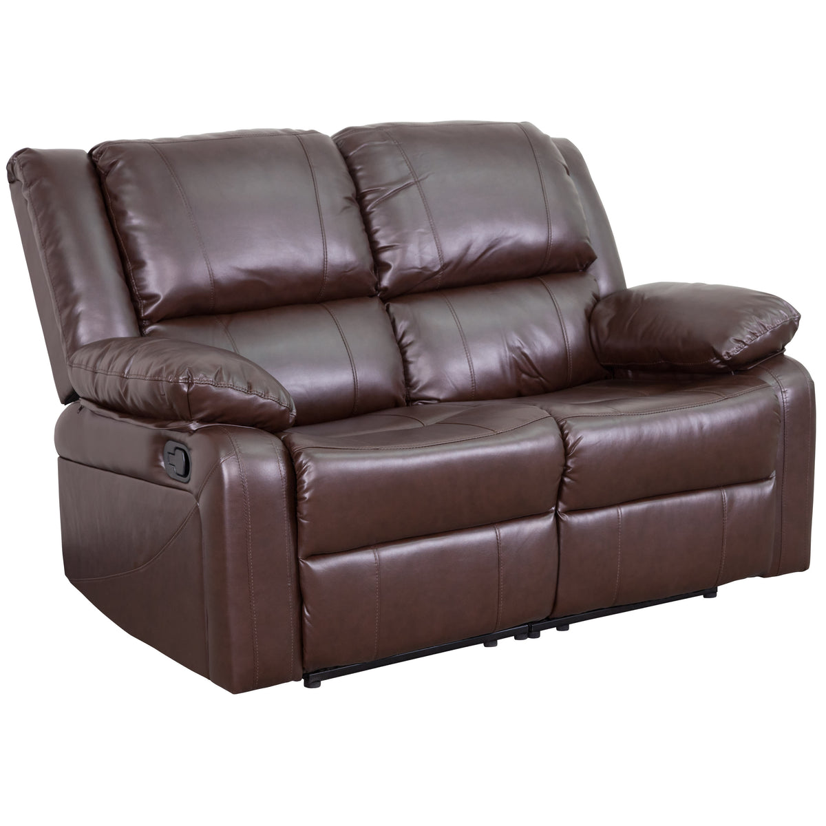 Brown LeatherSoft |#| Brown LeatherSoft Pillow Back Loveseat with Two Built-In Recliners - Padded Arms