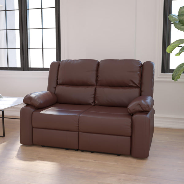 Brown LeatherSoft |#| Brown LeatherSoft Pillow Back Loveseat with Two Built-In Recliners - Padded Arms