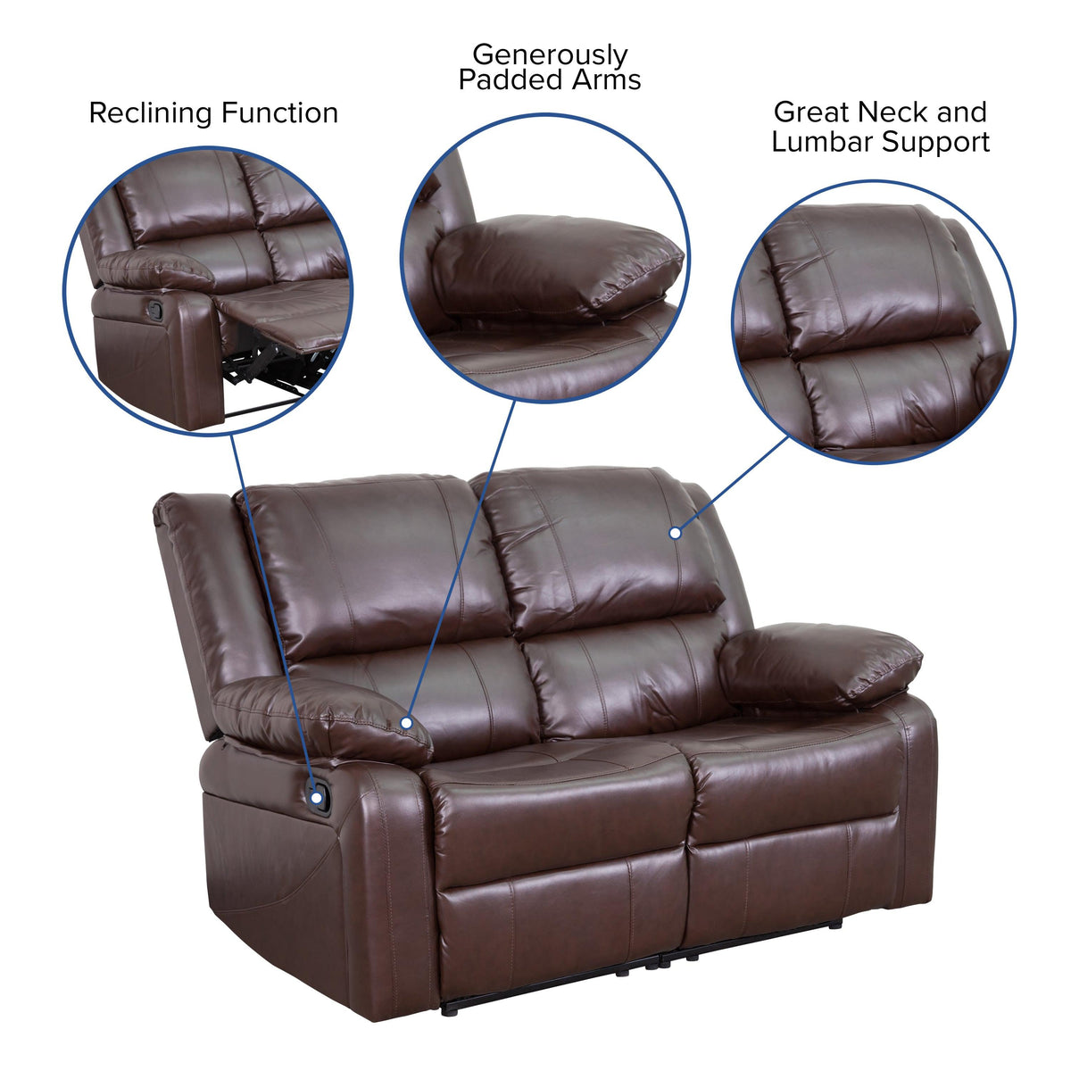 Brown LeatherSoft |#| Brown LeatherSoft Pillow Back Loveseat with Two Built-In Recliners - Padded Arms
