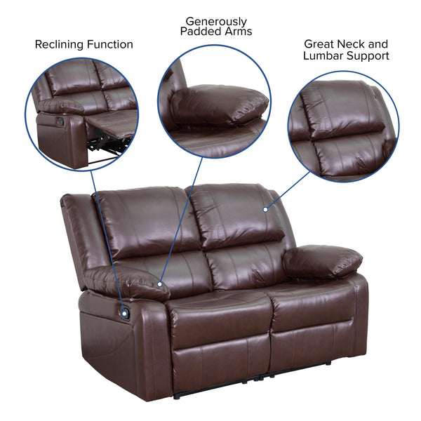 Brown LeatherSoft |#| Brown LeatherSoft Pillow Back Loveseat with Two Built-In Recliners - Padded Arms