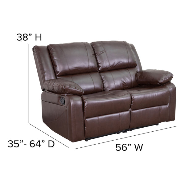 Brown LeatherSoft |#| Brown LeatherSoft Pillow Back Loveseat with Two Built-In Recliners - Padded Arms