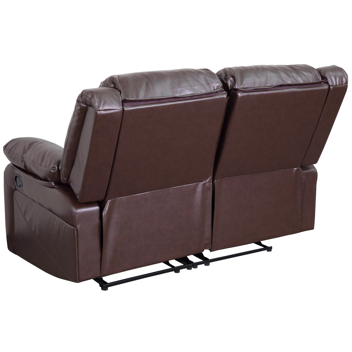 Brown LeatherSoft |#| Brown LeatherSoft Pillow Back Loveseat with Two Built-In Recliners - Padded Arms