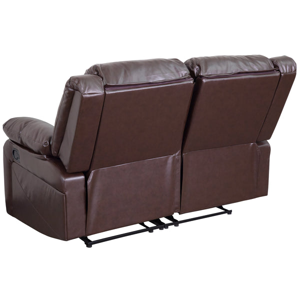 Brown LeatherSoft |#| Brown LeatherSoft Pillow Back Loveseat with Two Built-In Recliners - Padded Arms
