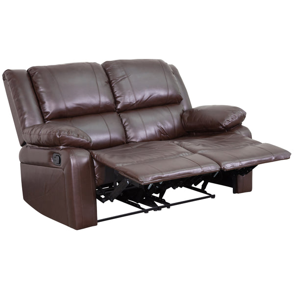 Brown LeatherSoft |#| Brown LeatherSoft Pillow Back Loveseat with Two Built-In Recliners - Padded Arms