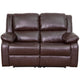 Brown LeatherSoft |#| Brown LeatherSoft Pillow Back Loveseat with Two Built-In Recliners - Padded Arms