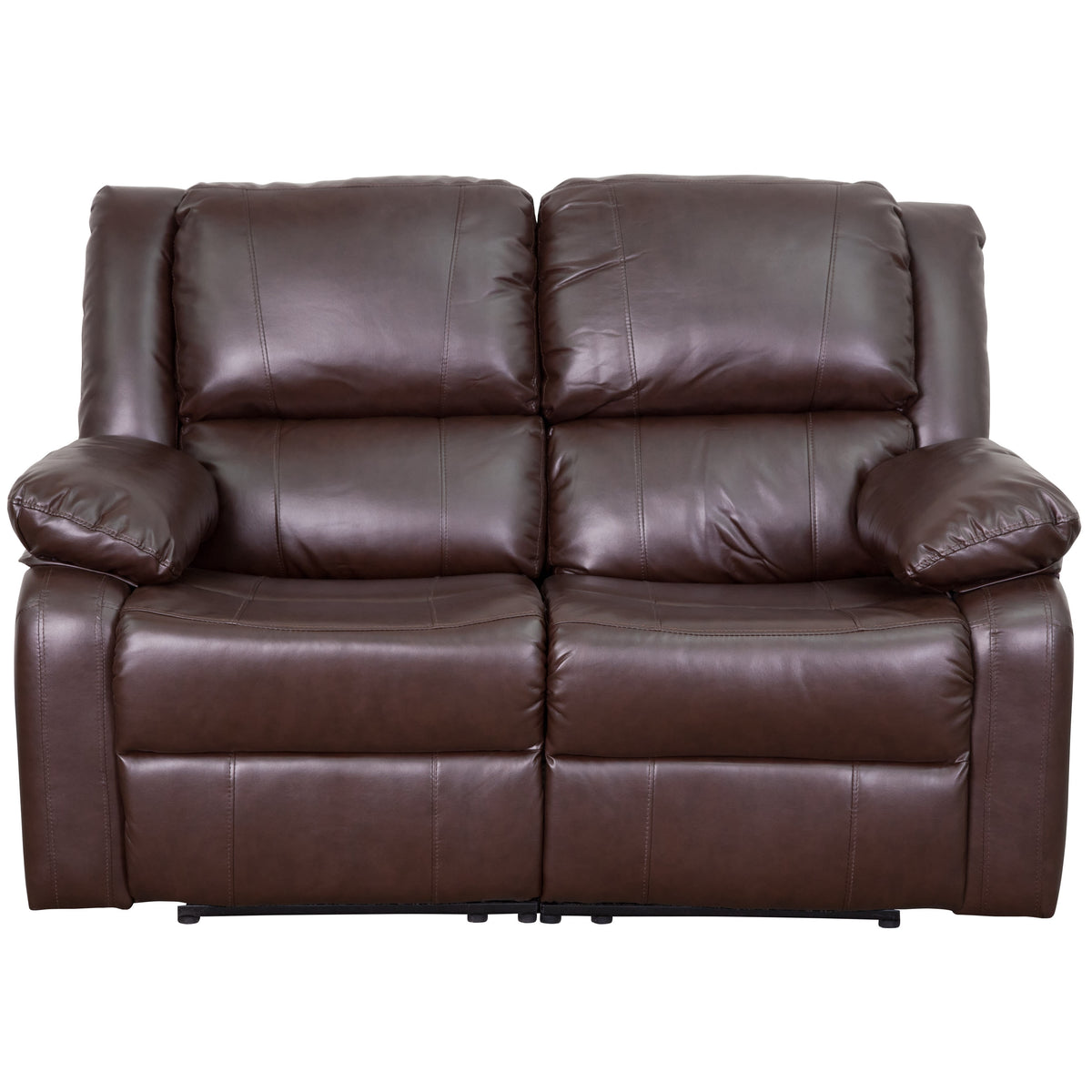 Brown LeatherSoft |#| Brown LeatherSoft Pillow Back Loveseat with Two Built-In Recliners - Padded Arms