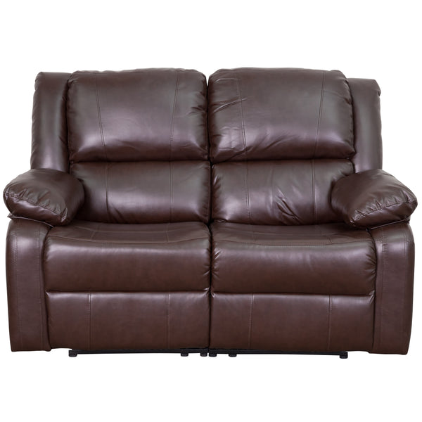Brown LeatherSoft |#| Brown LeatherSoft Pillow Back Loveseat with Two Built-In Recliners - Padded Arms