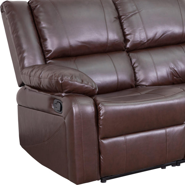 Brown LeatherSoft |#| Brown LeatherSoft Pillow Back Loveseat with Two Built-In Recliners - Padded Arms