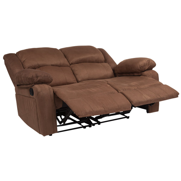 Chocolate Brown Microfiber |#| Chocolate Brown Microfiber Pillow Back Loveseat with Two Built-In Recliners