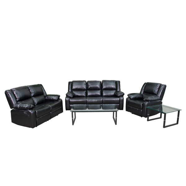 Black LeatherSoft |#| Contemporary Black LeatherSoft Reclining Plush Pillow Back Sofa Set-Padded Arms