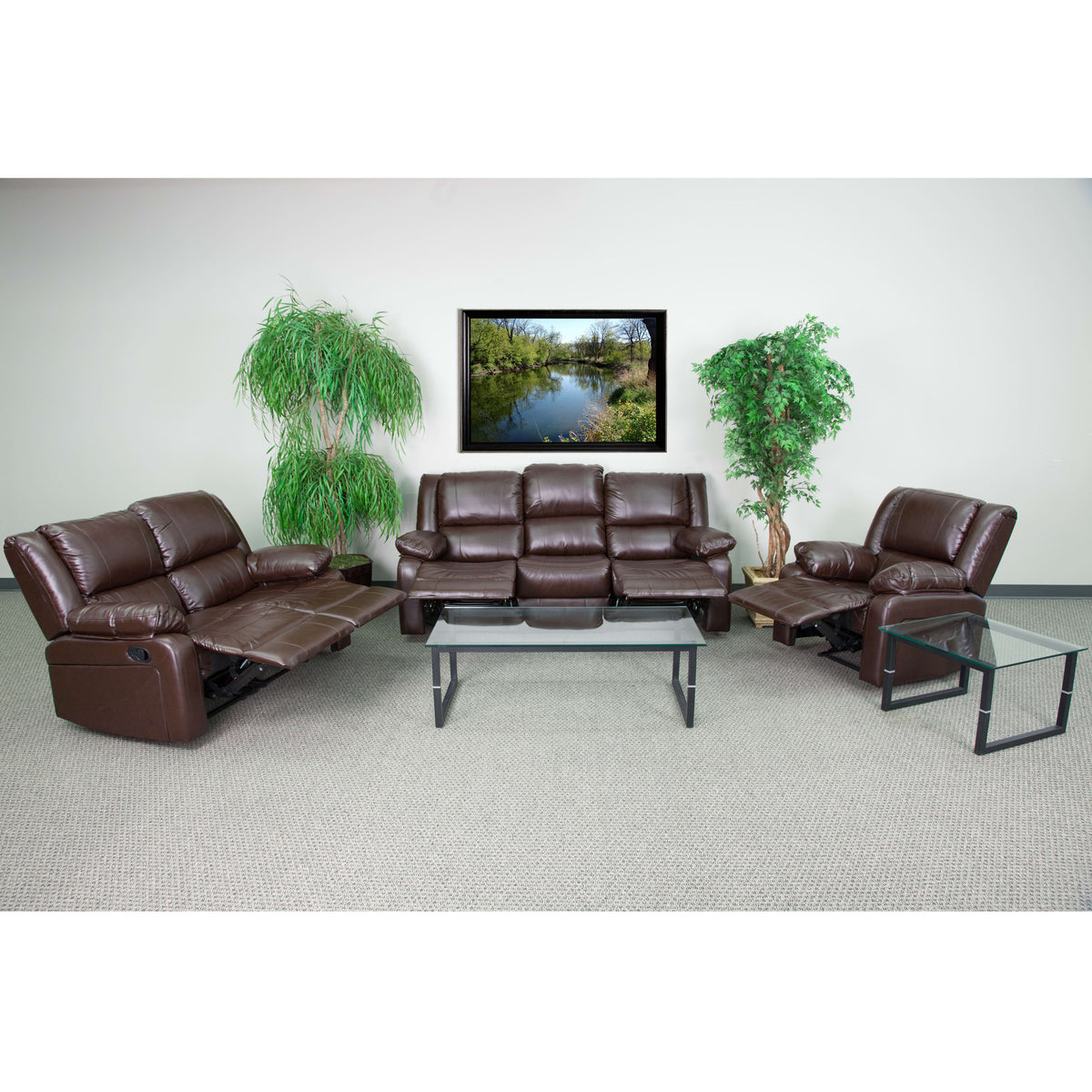 Brown LeatherSoft |#| Contemporary Brown LeatherSoft Plush Pillow Back Reclining Sofa Set-Padded Arms