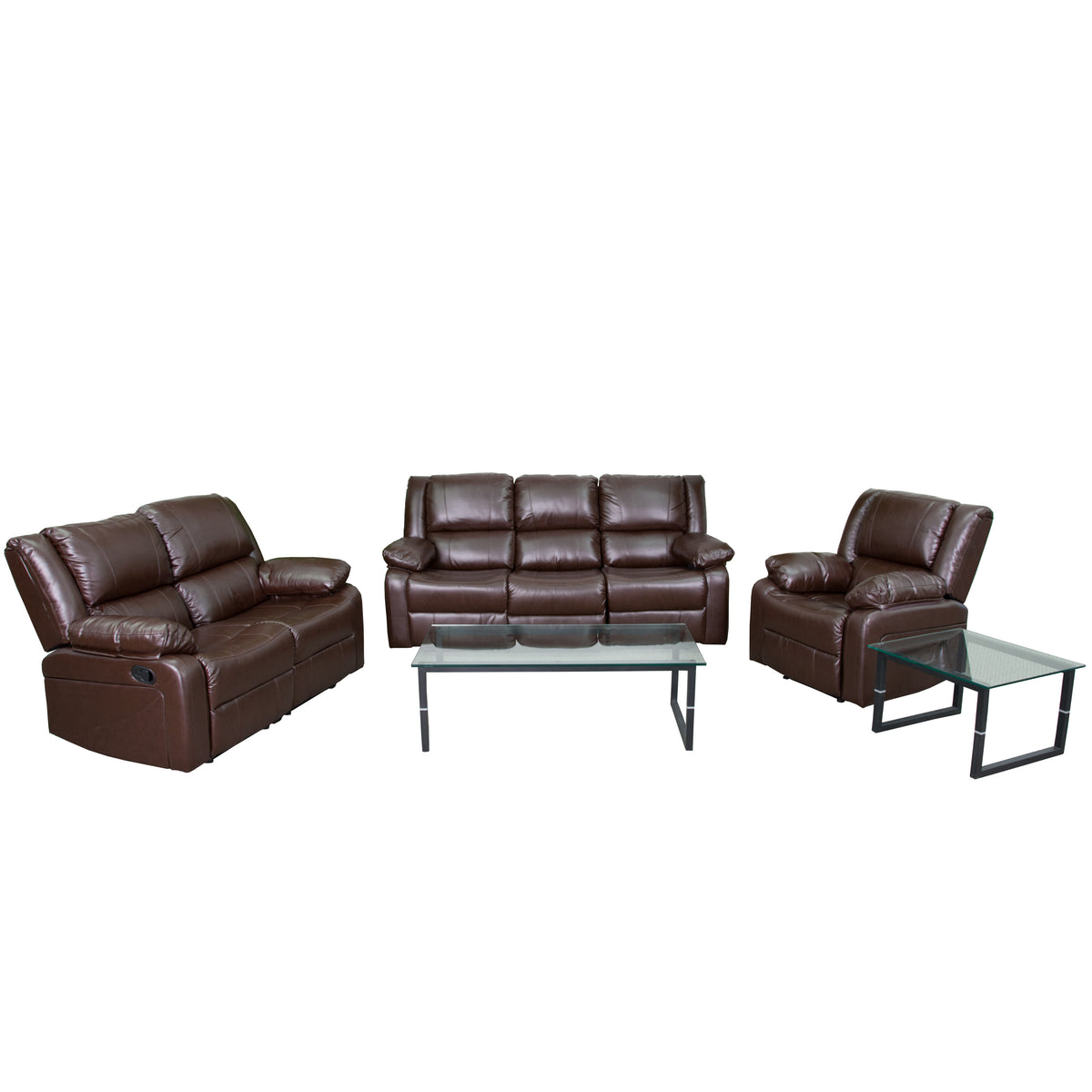 Brown LeatherSoft |#| Contemporary Brown LeatherSoft Plush Pillow Back Reclining Sofa Set-Padded Arms