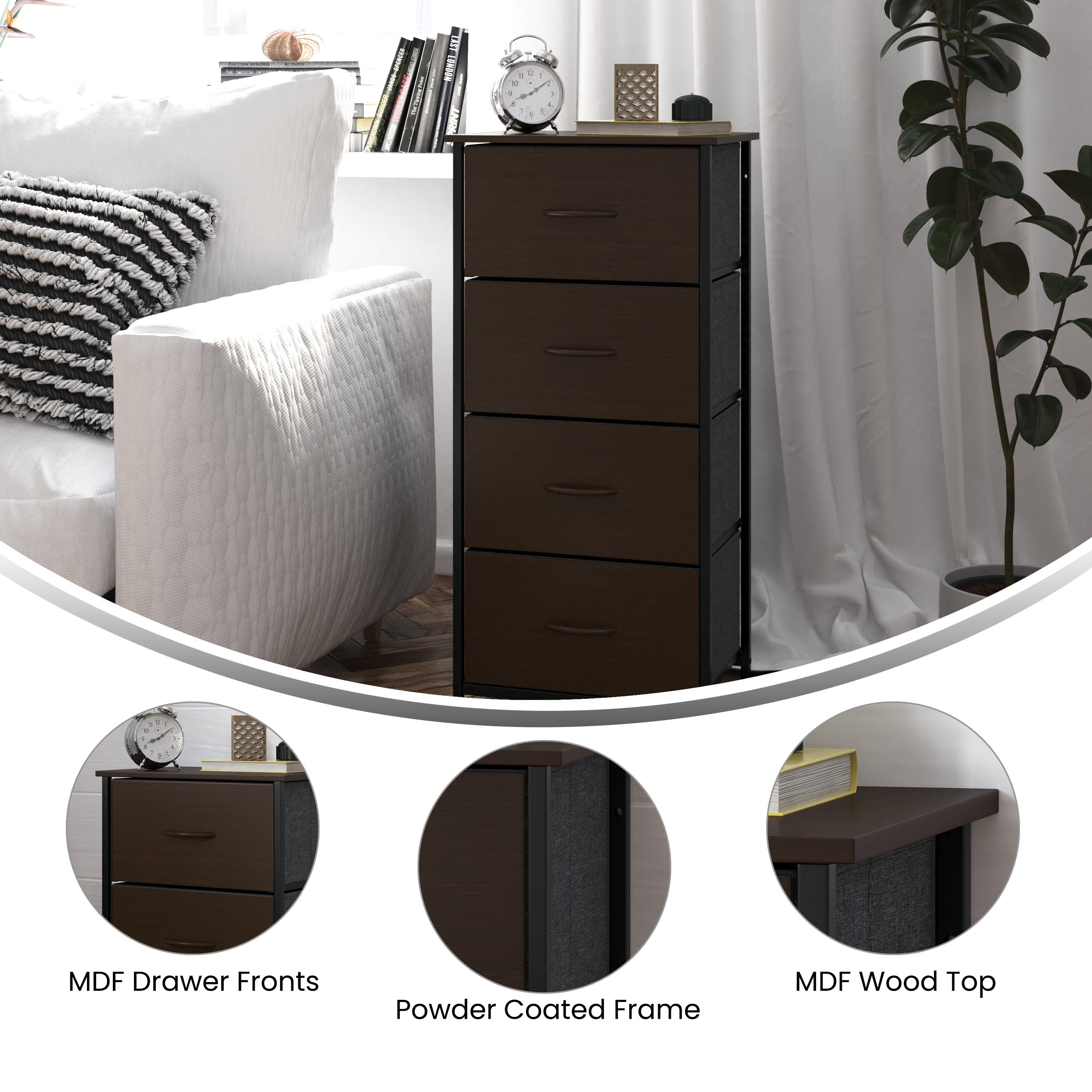 Flash Furniture Harris 4 Drawer Storage Dresser with Black Cast Iron Frame Brown Wood Top Brown Easy Pull Engineered Wood Drawers with Wooden Handl