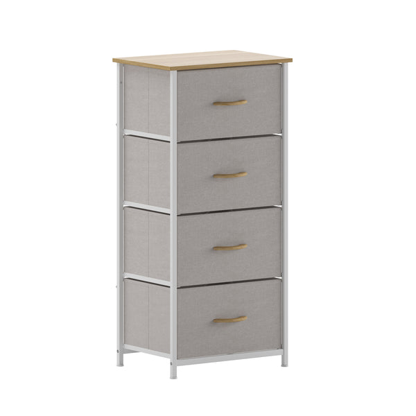 Harris 4 Drawer Vertical Storage Dresser with Cast Iron Frame, Wood Top and Easy Pull Fabric Drawers with Wooden Handles Harris 4 Drawer Vertical Storage Dresser with Cast Iron Frame, Wood Top and Easy Pull Fabric Drawers with Wooden Handles