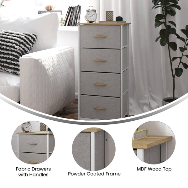 Harris 4 Drawer Vertical Storage Dresser with Cast Iron Frame, Wood Top and Easy Pull Fabric Drawers with Wooden Handles Harris 4 Drawer Vertical Storage Dresser with Cast Iron Frame, Wood Top and Easy Pull Fabric Drawers with Wooden Handles