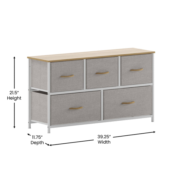 Harris 5 Drawer Vertical Storage Dresser with Cast Iron Frame, Wood Top and Easy Pull Fabric Drawers with Wooden Handles