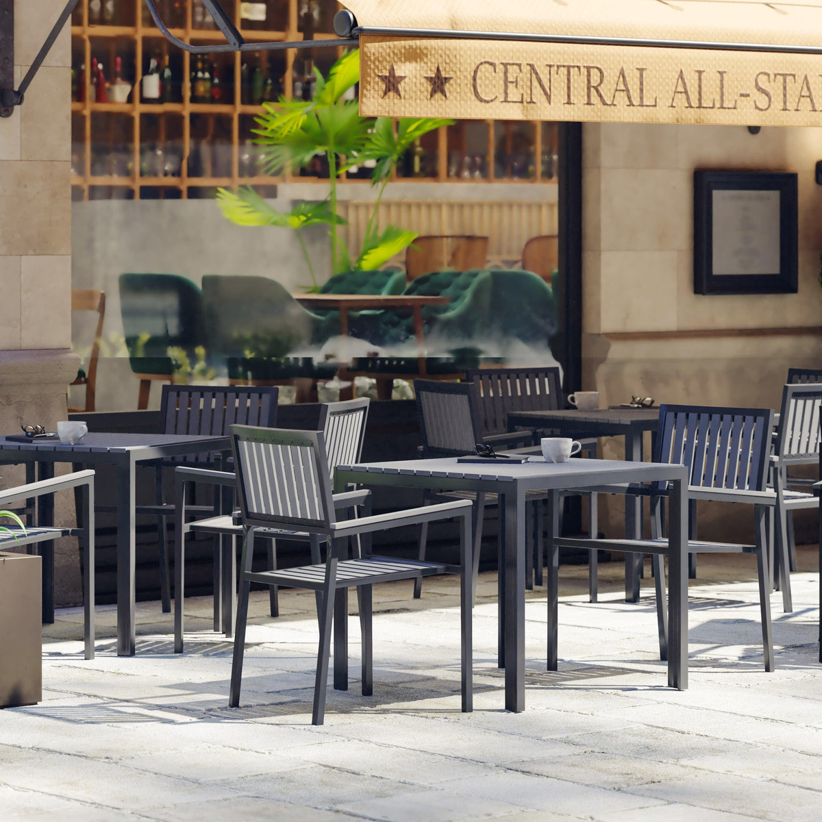 Black Top/Black Frame |#| Indoor/Outdoor Commercial Steel Patio Table with Poly Resin Slatted Top - Black