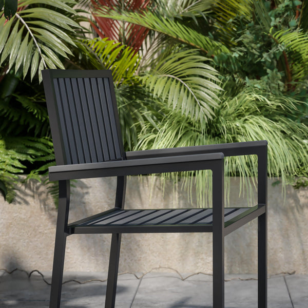 Black/Black |#| Indoor/Outdoor Black Patio Club Chair with Poly Resin Back and Seat Slats-2 Pack