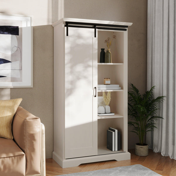 White |#| Farmhouse Storage Cabinet with Adjustable Shelves and Sliding Barn Door - White