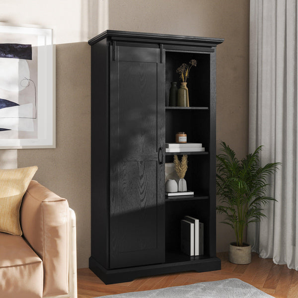 Black |#| Farmhouse Storage Cabinet with Adjustable Shelves and Sliding Barn Door - Black