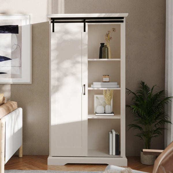 White |#| Farmhouse Storage Cabinet with Adjustable Shelves and Sliding Barn Door - White