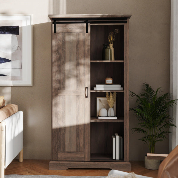 Graywash |#| Farmhouse Storage Cabinet with Adjustable Shelves and Sliding Barn Door-Graywash