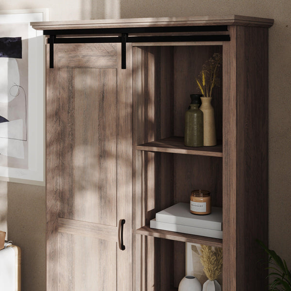 Graywash |#| Farmhouse Storage Cabinet with Adjustable Shelves and Sliding Barn Door-Graywash