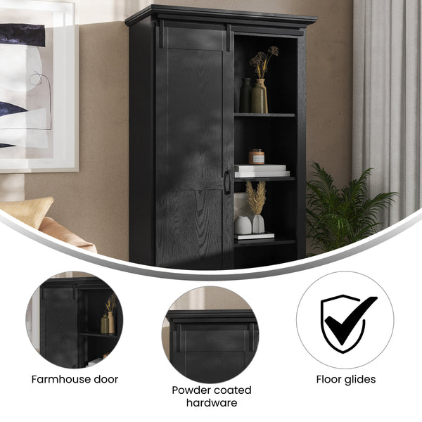 Black |#| Farmhouse Storage Cabinet with Adjustable Shelves and Sliding Barn Door - Black