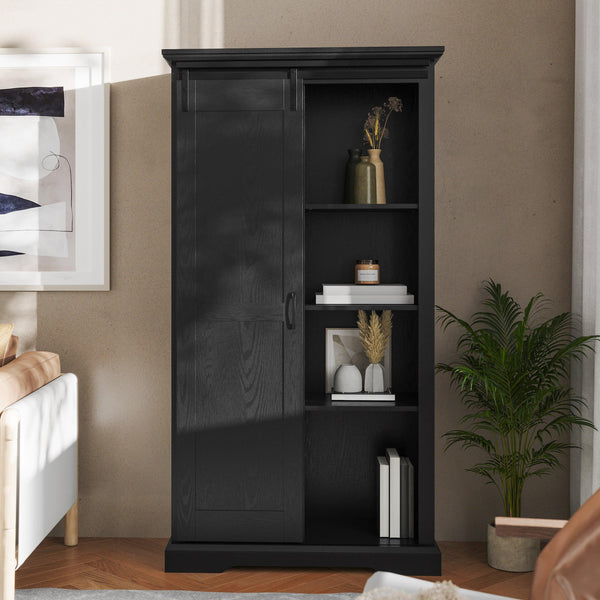 Black |#| Farmhouse Storage Cabinet with Adjustable Shelves and Sliding Barn Door - Black