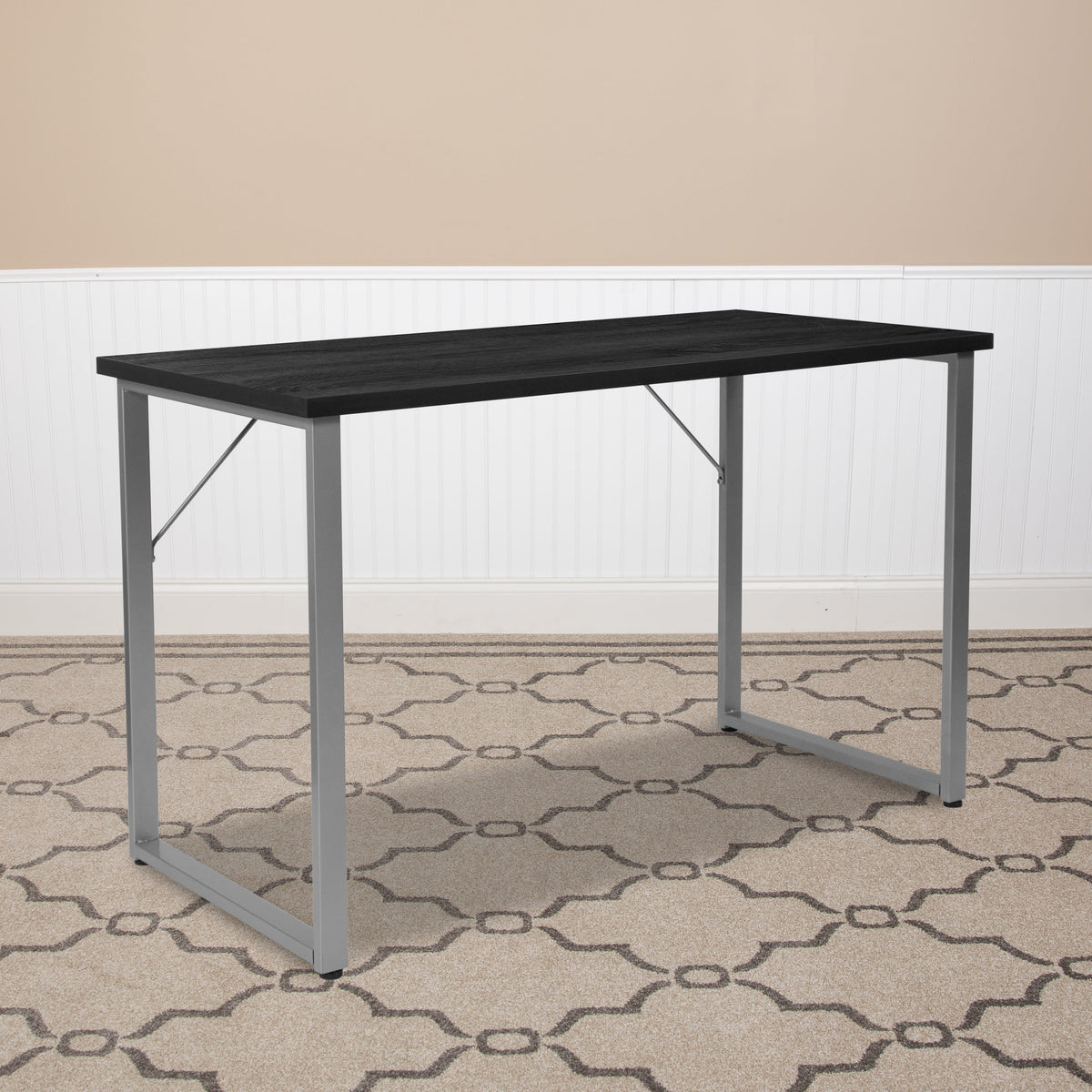 Black Finish Computer Desk with Silver Metal Frame - Home Office Furniture