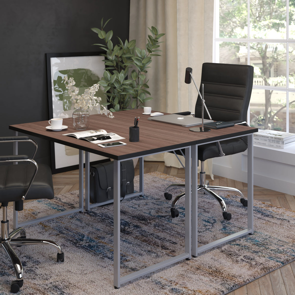 Black Finish Computer Desk with Silver Metal Frame - Home Office Furniture