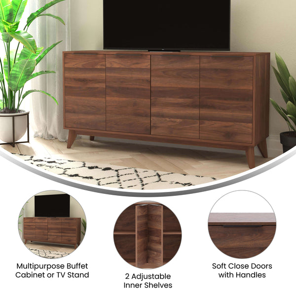 Dark Walnut |#| 60" Buffet Cabinet with 4 Soft Close Doors and Adjustable Shelves - Dark Walnut