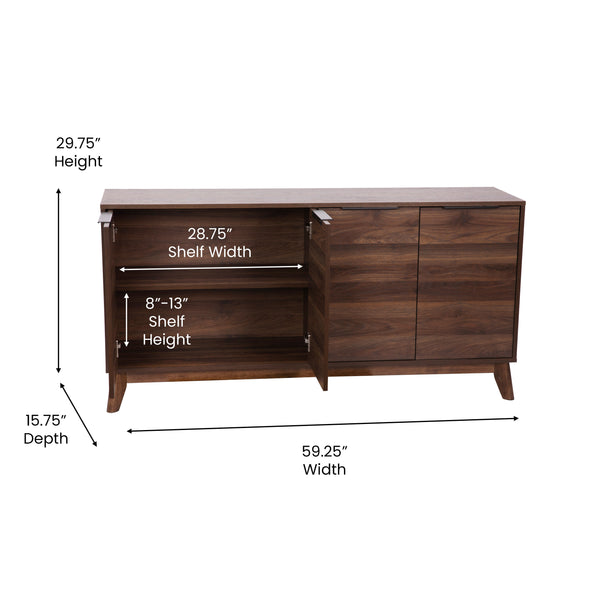 Dark Walnut |#| 60" Buffet Cabinet with 4 Soft Close Doors and Adjustable Shelves - Dark Walnut