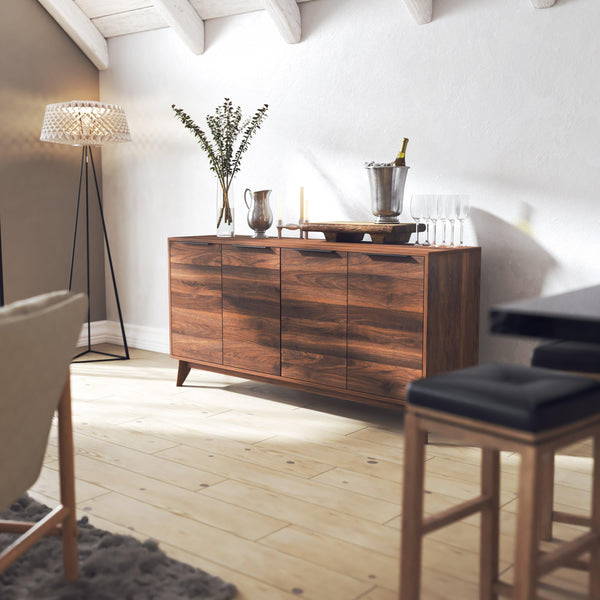 Dark Walnut |#| 60" Buffet Cabinet with 4 Soft Close Doors and Adjustable Shelves - Dark Walnut