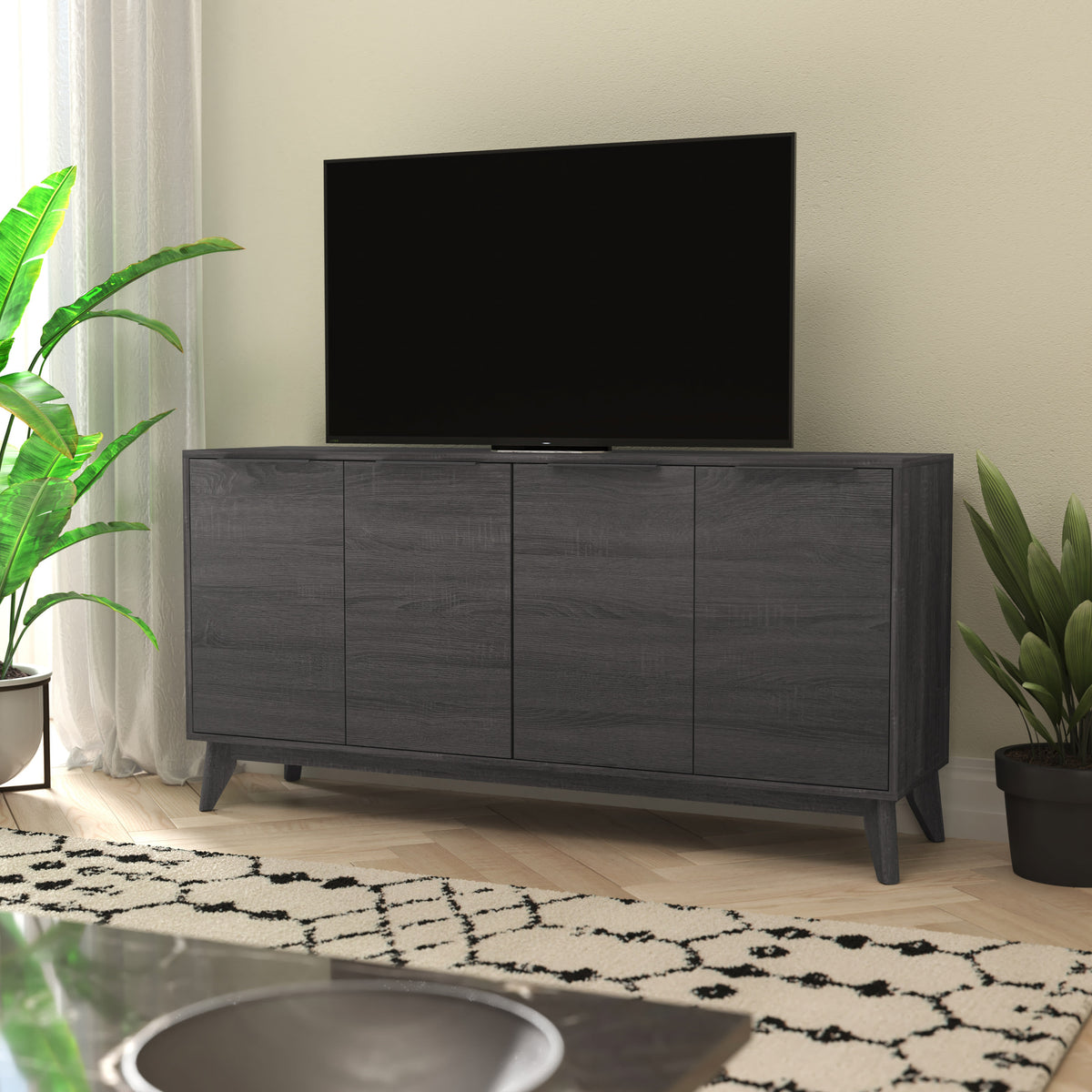 Black Wash |#| 60" Buffet Cabinet with 4 Soft Close Doors and Adjustable Shelves - Black Wash